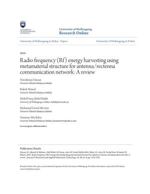 Radio Frequency (Rf) Energy Harvesting Using