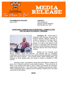 FOR IMMEDIATE RELEASE: CONTACT: April 5, 2017 Tina Veal-Gooch Director of Public Relations 903.794.3651 Ext