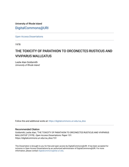 The Toxicity of Parathion to Orconectes Rusticus and Viviparus Malleatus