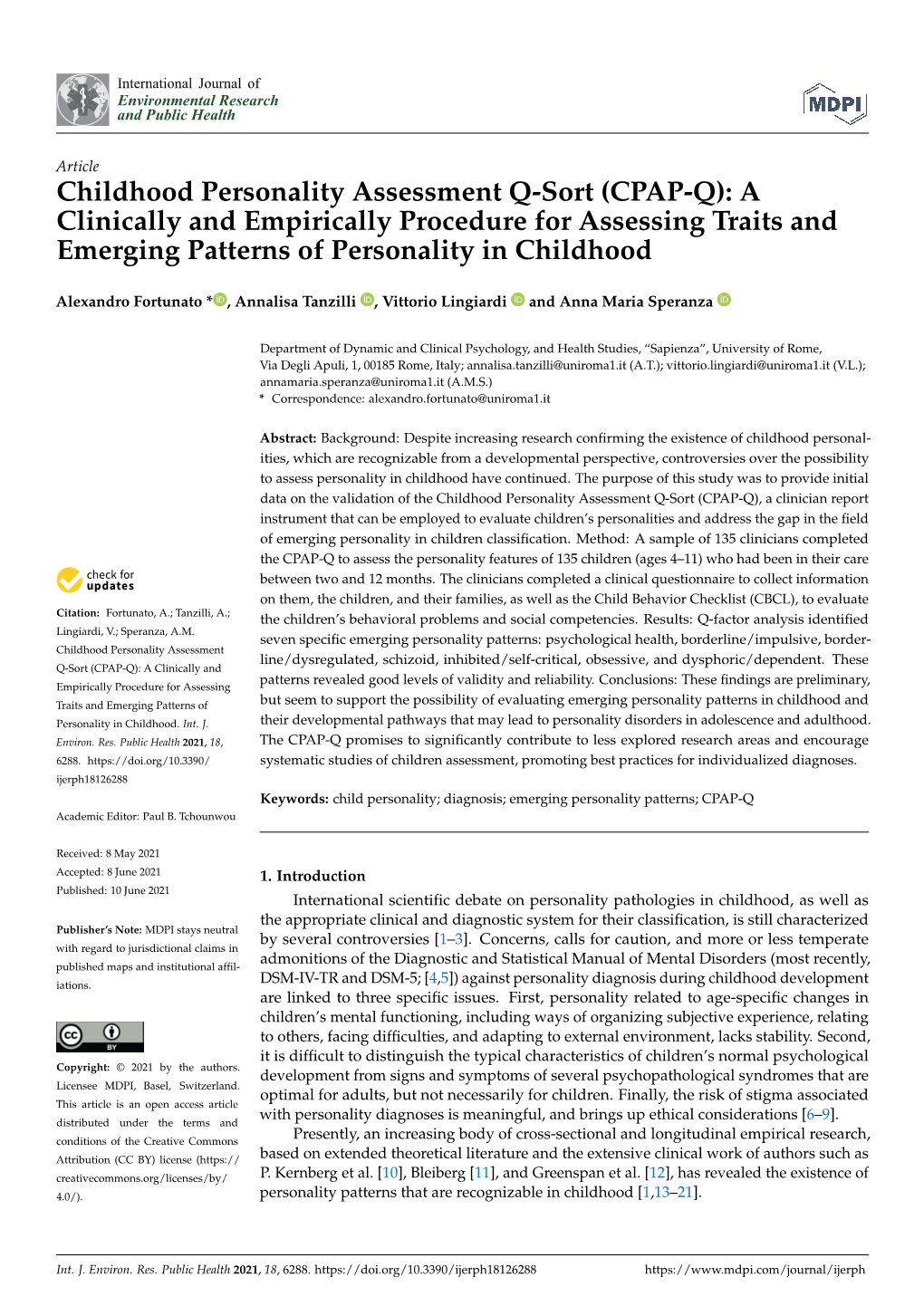 Childhood Personality Assessment Q-Sort (CPAP-Q): a Clinically and Empirically Procedure for Assessing Traits and Emerging Patterns of Personality in Childhood