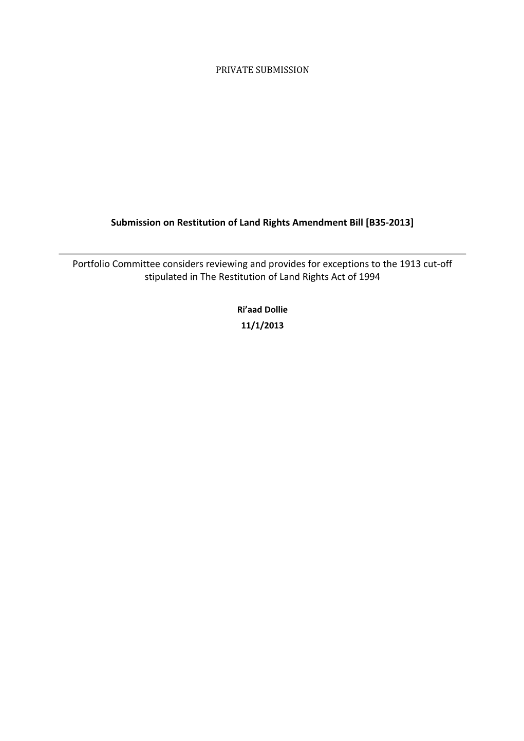 Submission on Restitution of Land Rights Amendment Bill B35-2013