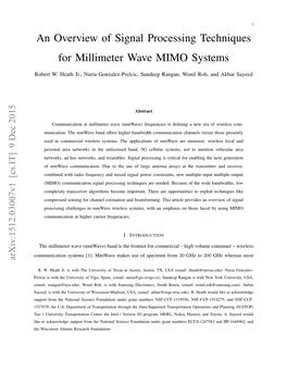 An Overview of Signal Processing Techniques for Millimeter Wave MIMO Systems