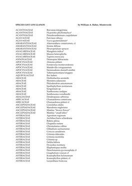 SPECIES LIST LOS LLANOS by William A. Haber, Monteverde