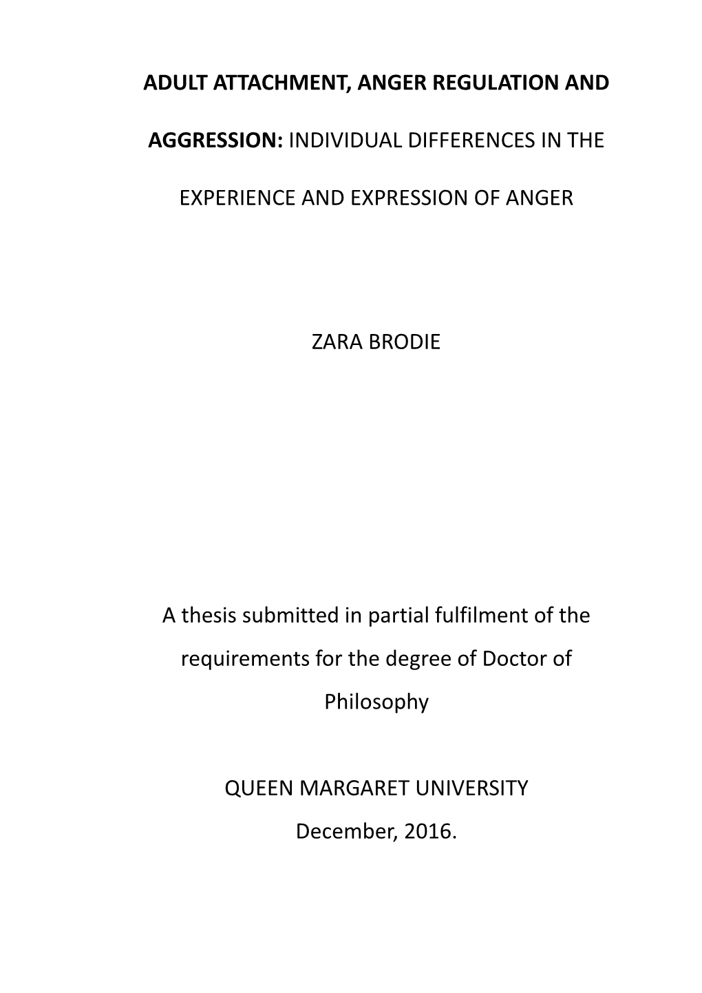 Adult Attachment, Anger Regulation and Aggression