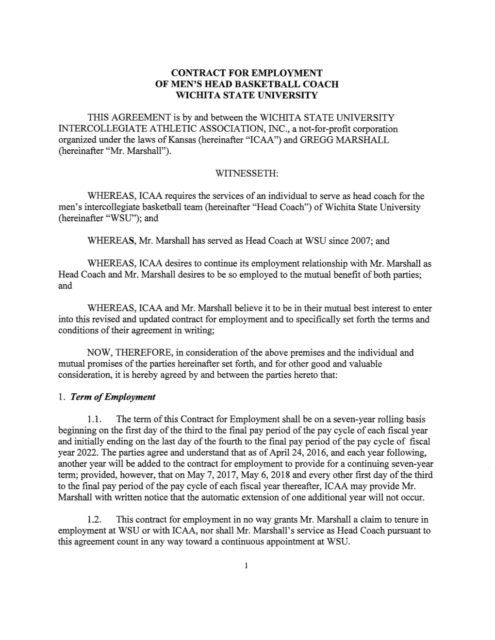 Contract for Employment of Men's Head Basketball Coach Wichita State University