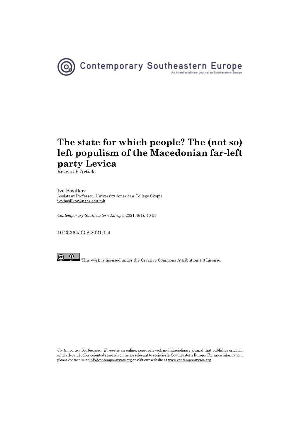 Left Populism of the Macedonian Far-Left Party Levica Research Article