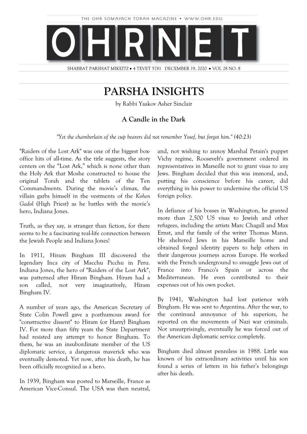 PARSHA INSIGHTS by Rabbi Yaakov Asher Sinclair