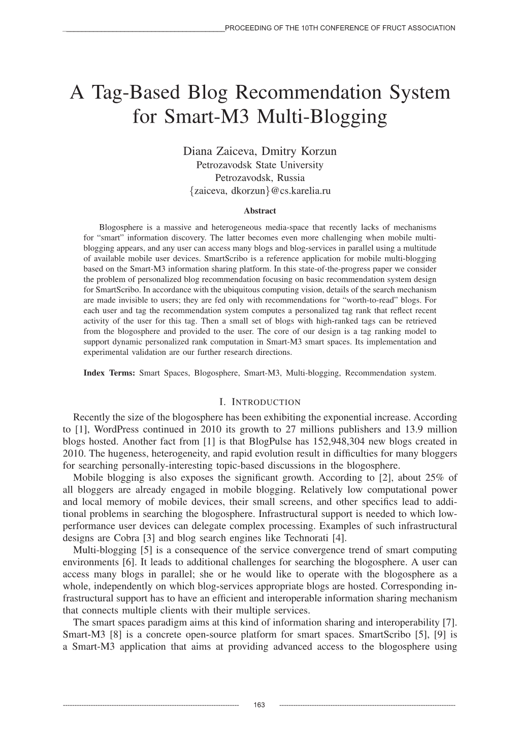 A Tag-Based Blog Recommendation System for Smart-M3 Multi-Blogging