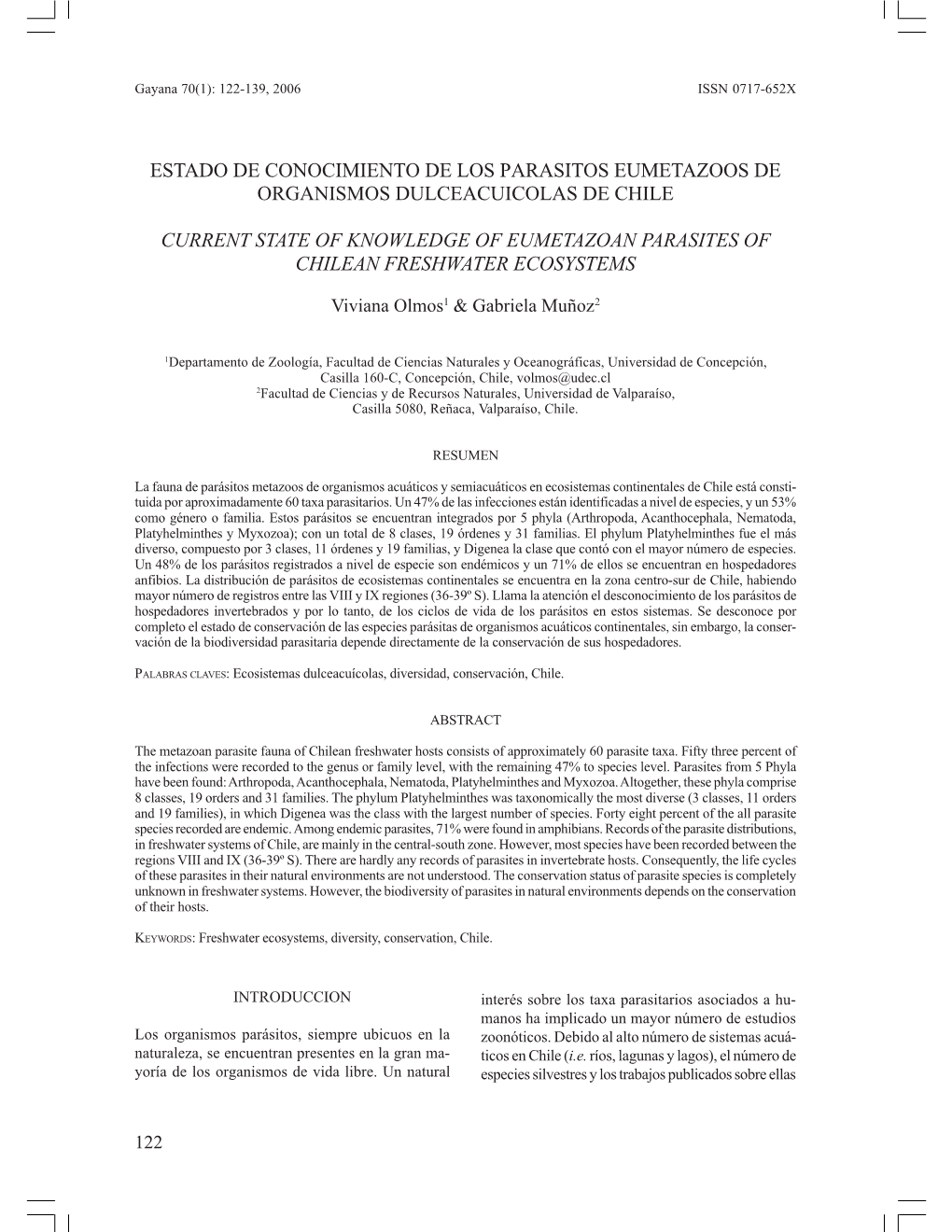 Estado De Conocimiento De Los Parasitos Eumetazoos De Organismos Dulceacuicolas De Chile