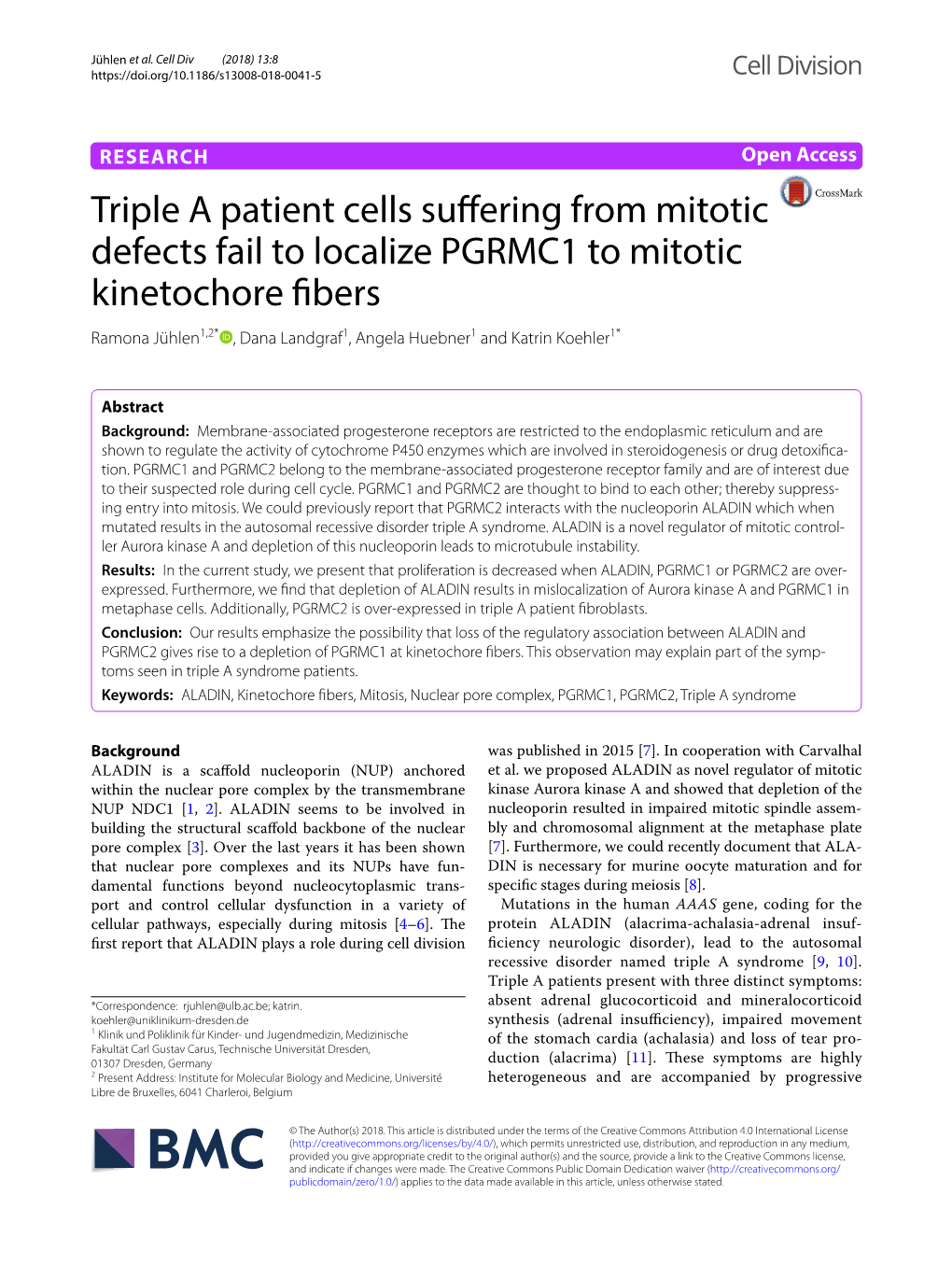 Triple a Patient Cells Suffering from Mitotic Defects Fail to Localize PGRMC1 to Mitotic Kinetochore Fibers