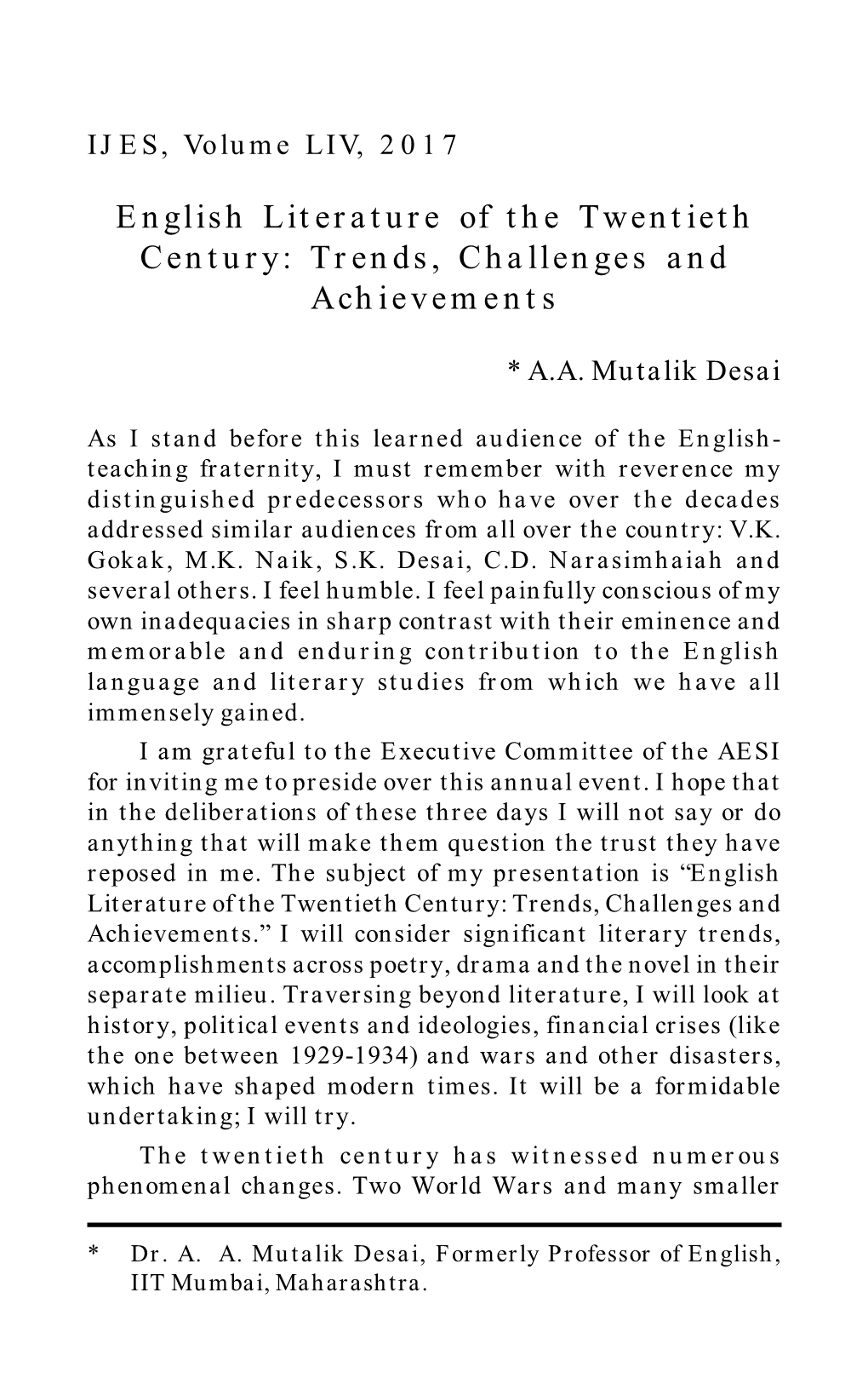 English Literature of the Twentieth Century: Trends, Challenges and Achievements