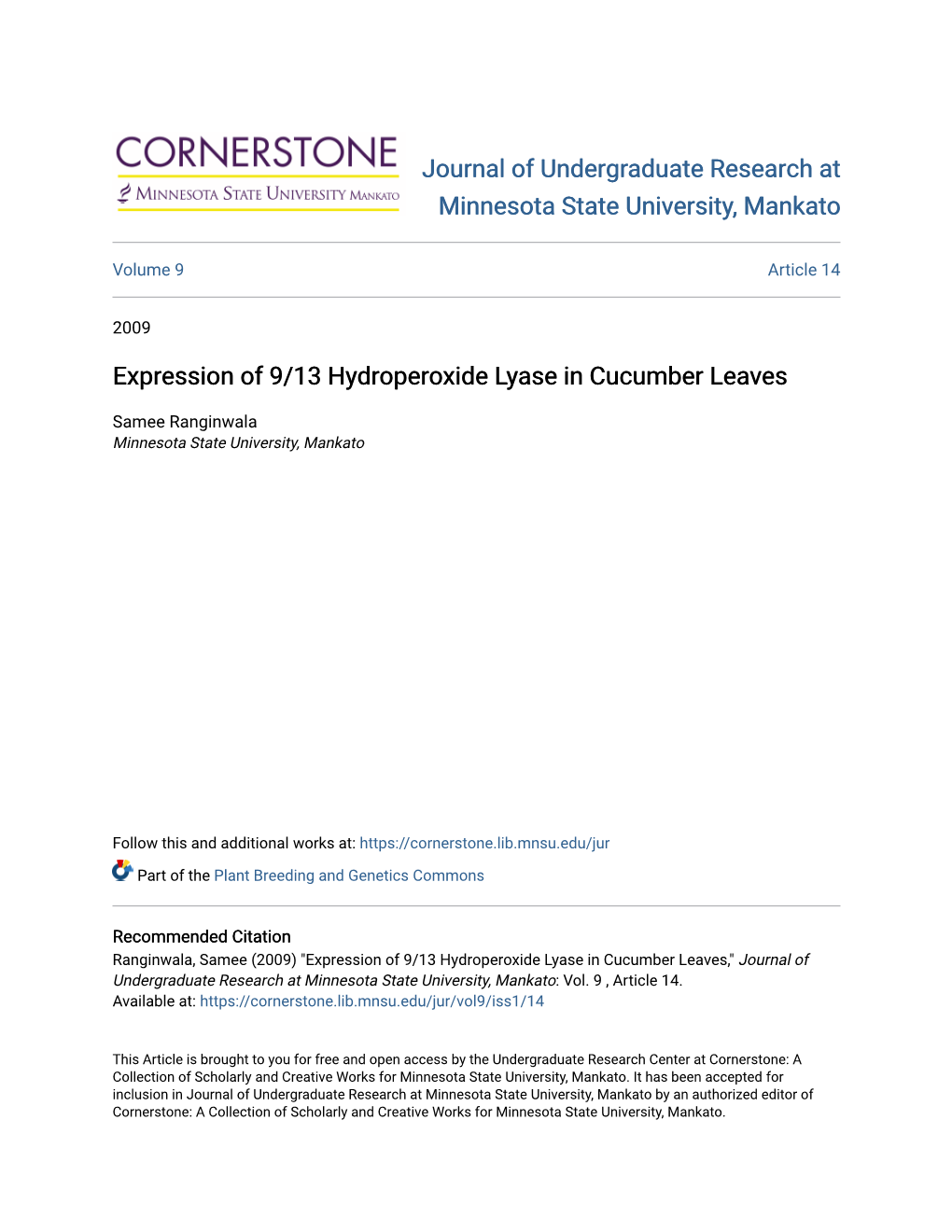 Expression of 9/13 Hydroperoxide Lyase in Cucumber Leaves