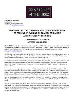 Legendary Actor, Comedian and Singer Robert Klein to Present an Evening of Comedy and Music at Feinstein’S at the Nikko Two Performances Only October 19 & 20, 2016