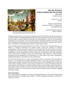 INTD 497, SECTION 4 AFRICA in MEDIA and POP CULTURE FALL 2014 Mcgill University