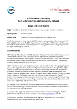 Call for Letters of Inquiry East Melanesian Islands Biodiversity Hotspot Large and Small Grants BACKGROUND