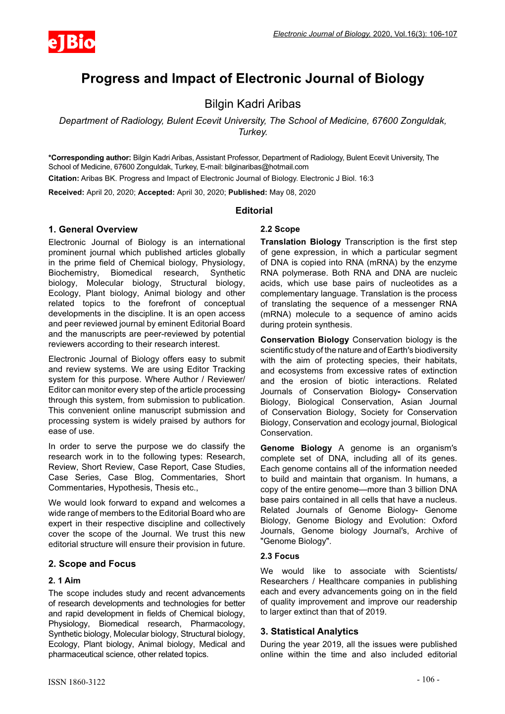 Progress and Impact of Electronic Journal of Biology