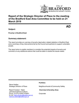 Report of the Strategic Director of Place to the Meeting of the Bradford East Area Committee to Be Held on 21 March 2019 AD Subject