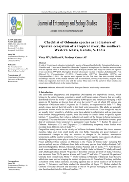 Checklist of Odonata Species As Indicators of Riparian Ecosystem of A