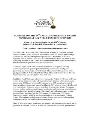 Nominees for the 29 Annual Sports Emmy® Awards