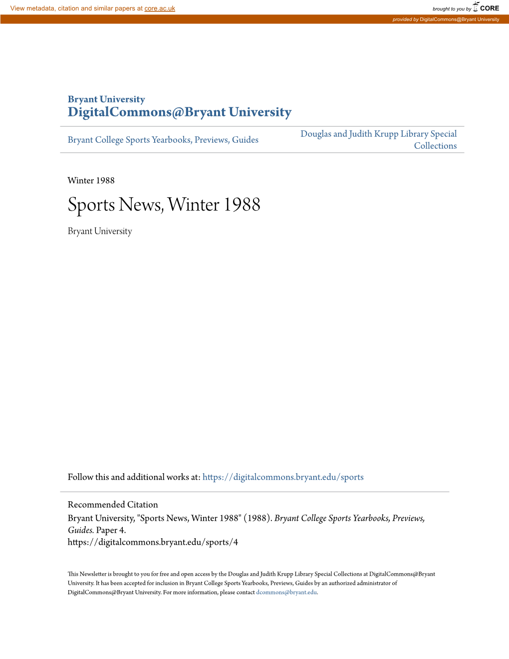 Sports News, Winter 1988 Bryant University