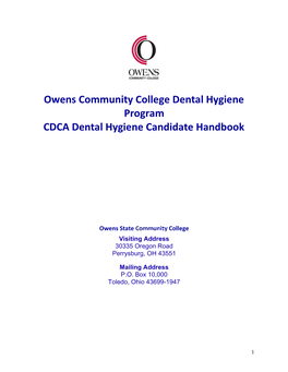 Owens Community College Dental Hygiene Program CDCA Dental Hygiene Candidate Handbook