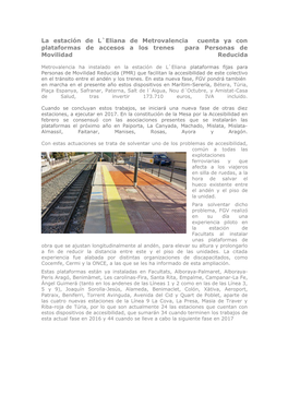 La Estación De L`Eliana De Metrovalencia Cuenta Ya Con Plataformas De Accesos a Los Trenes Para Personas De Movilidad Reducida