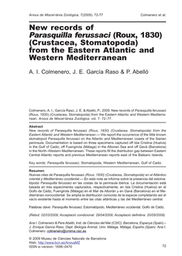 New Records of Parasquilla Ferussaci (Roux, 1830) (Crustacea, Stomatopoda) from the Eastern Atlantic and Western Mediterranean