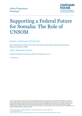 Supporting a Federal Future for Somalia: the Role of UNSOM