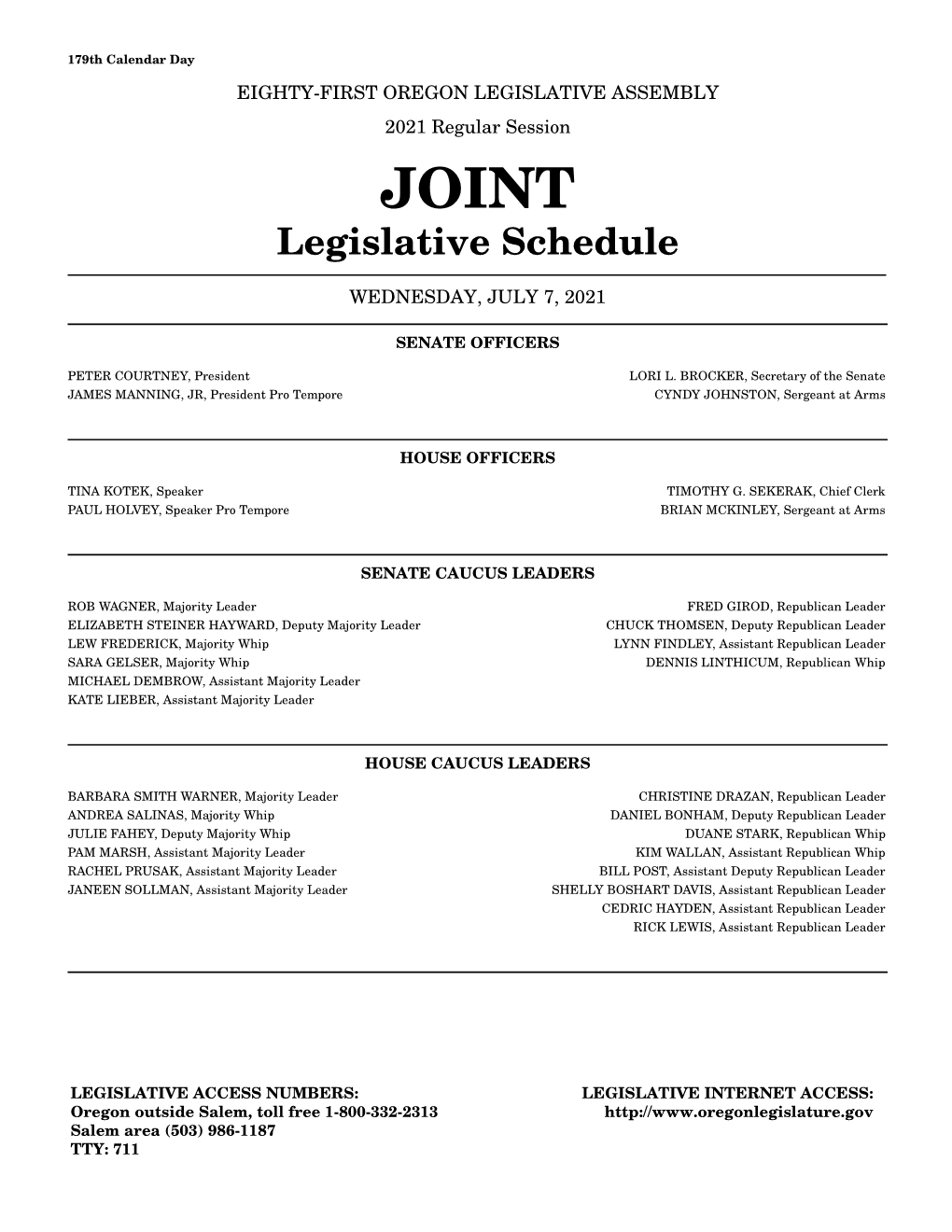 JOINT Legislative Schedule