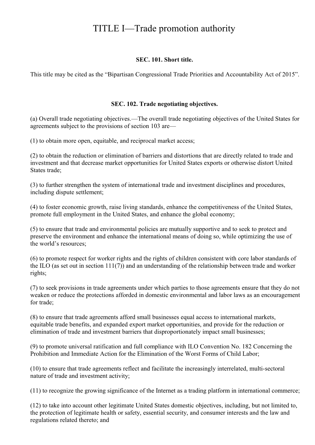 Text - H.R.2146 - 114Th Congress (2015-2016): Bipartisan Congressional Trade Priorities