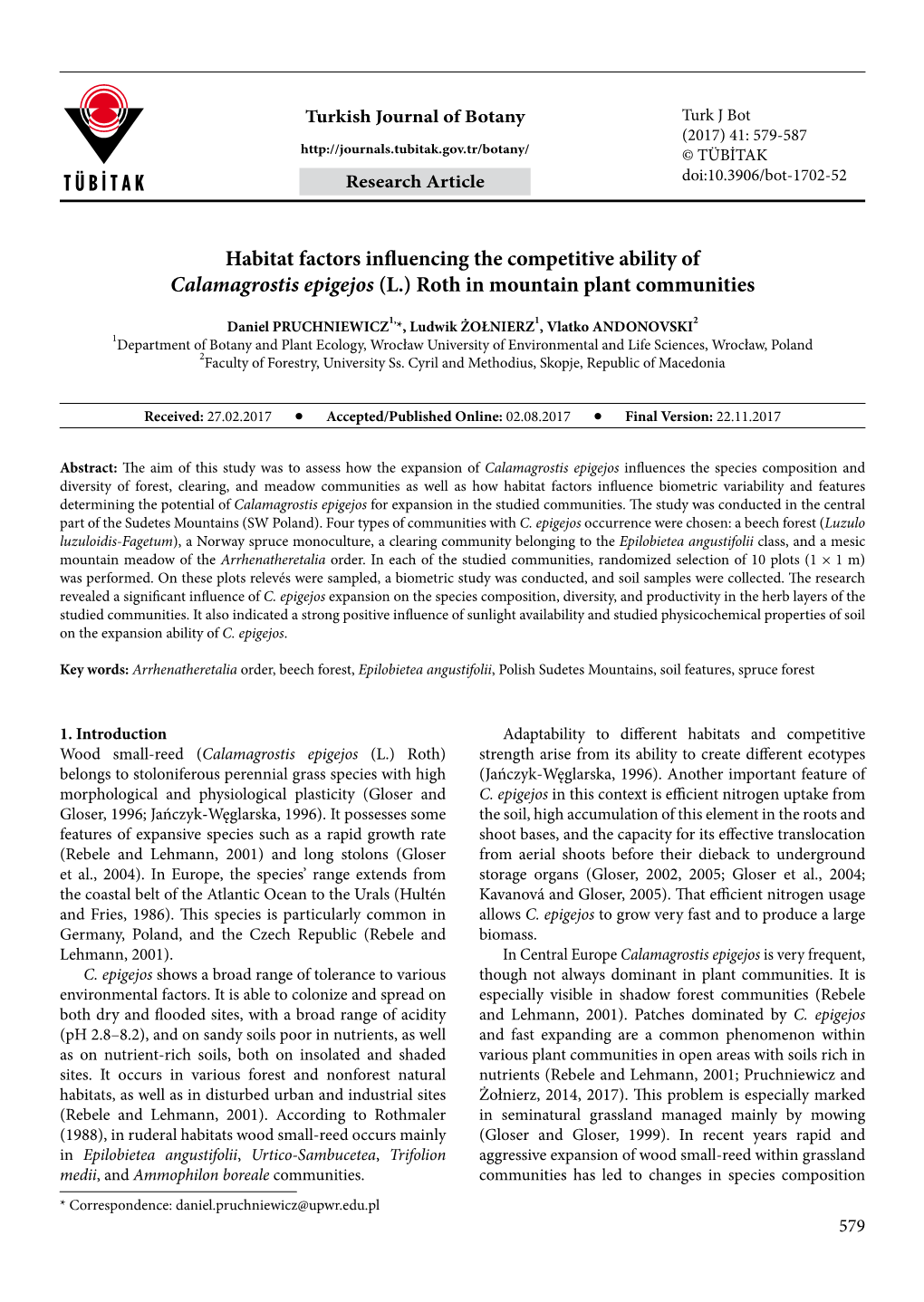 Habitat Factors Influencing the Competitive Ability of Calamagrostis Epigejos (L.) Roth in Mountain Plant Communities