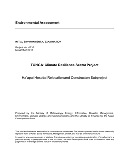 Environmental Assessment TONGA: Climate Resilience Sector Project