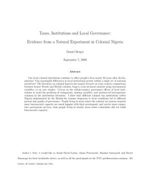 Taxes, Institutions, and Governance: Evidence from Colonial Nigeria