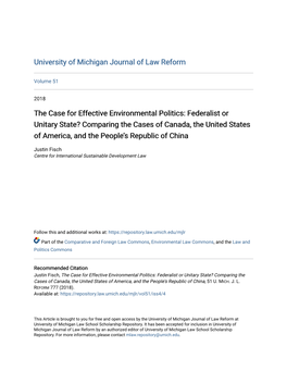 The Case for Effective Environmental Politics: Federalist Or Unitary State? Comparing the Cases of Canada, the United States Of