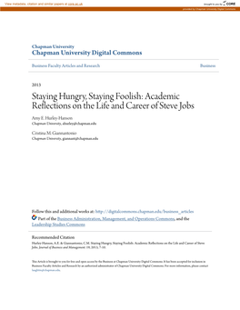 Staying Hungry, Staying Foolish: Academic Reflections on the Life and Career of Steve Jobs Amy E