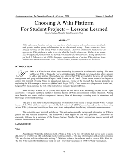 Choosing a Wiki Platform for Student Projects – Lessons Learned Ross A