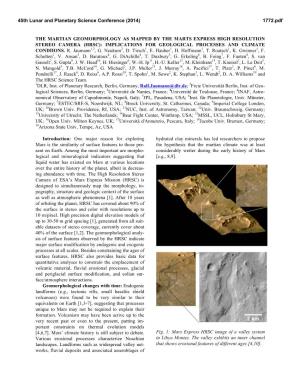 The Martian Geomorphology As Mapped by the Marts Express High Resolution Stereo Camera (Hrsc): Implications for Geological Processes and Climate Condiions