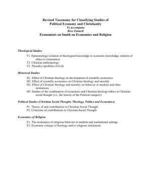 Revised Taxonomy for Classifying Studies of Political Economy and Christianity Economists on Smith on Economics and Religion