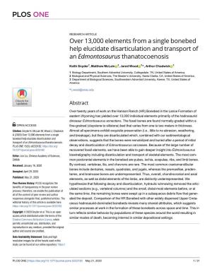 Over 13,000 Elements from a Single Bonebed Help Elucidate Disarticulation and Transport of an Edmontosaurus Thanatocoenosis