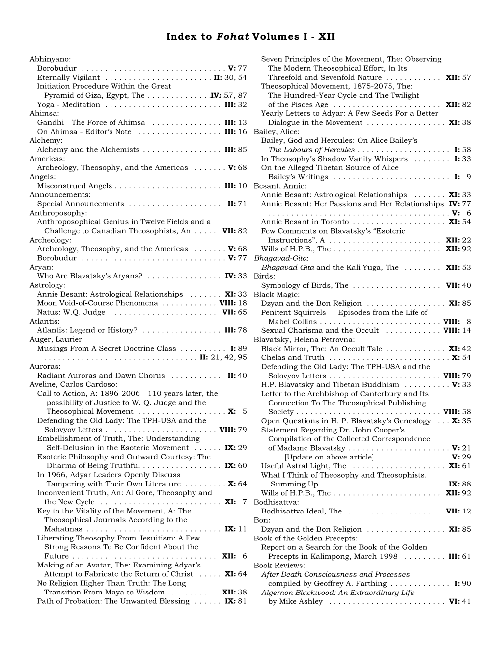 Index to Fohat Volumes I - XII