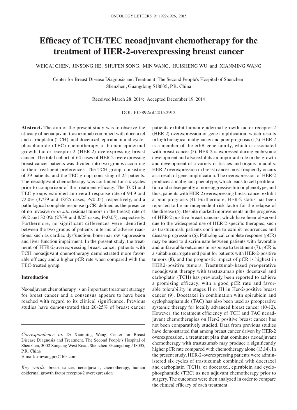 Efficacy of TCH/TEC Neoadjuvant Chemotherapy for the Treatment of HER‑2‑Overexpressing Breast Cancer