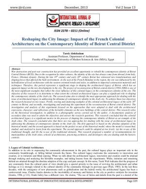 Reshaping the City Image: Impact of the French Colonial Architecture on the Contemporary Identity of Beirut Central District