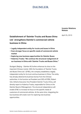Establishment of 'Daimler Trucks and Buses China Ltd.'