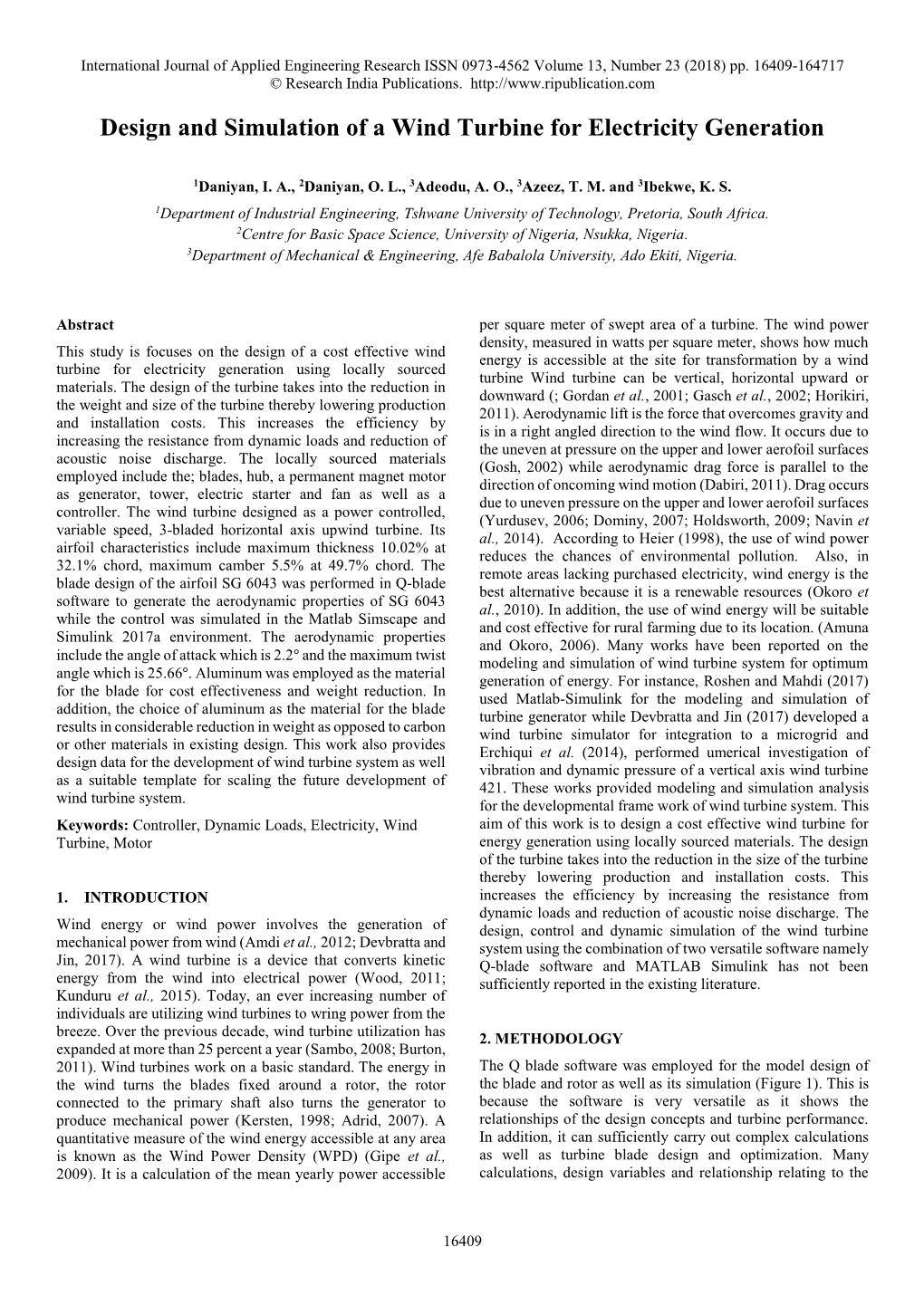 Design and Simulation of a Wind Turbine for Electricity Generation