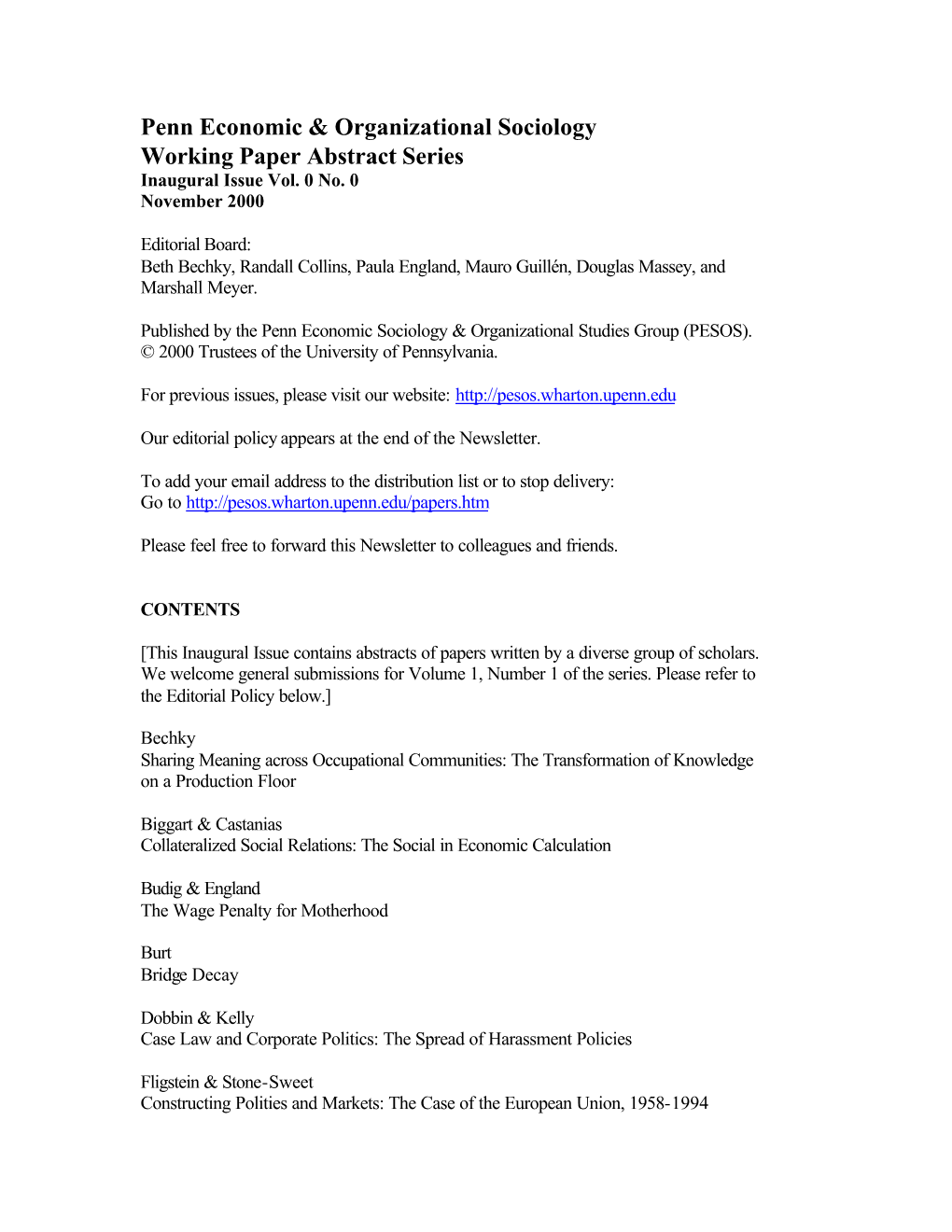 Penn Economic & Organizational Sociology Working Paper Abstract