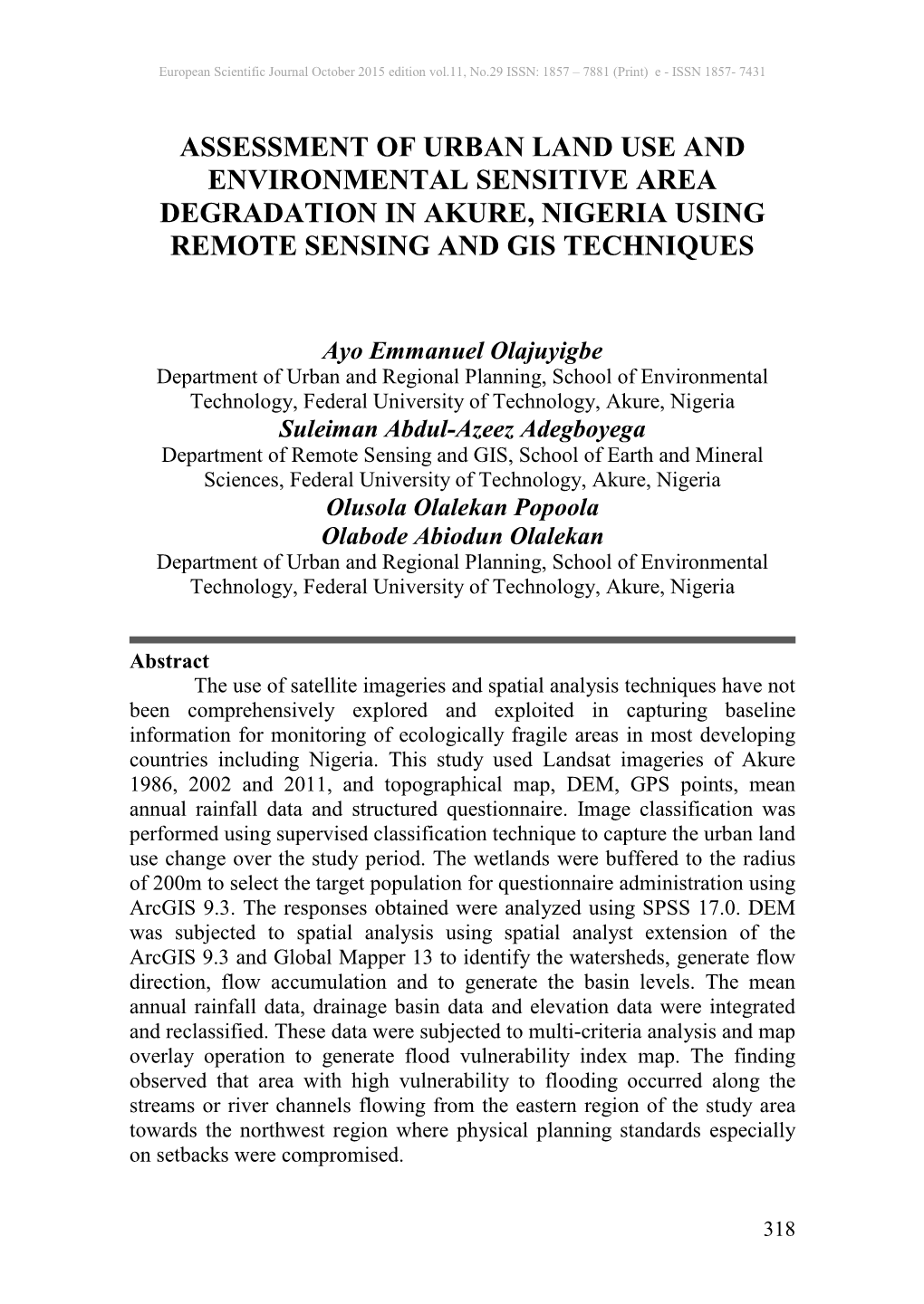 Assessment of Urban Land Use and Environmental Sensitive Area Degradation in Akure, Nigeria Using Remote Sensing and Gis Techniques