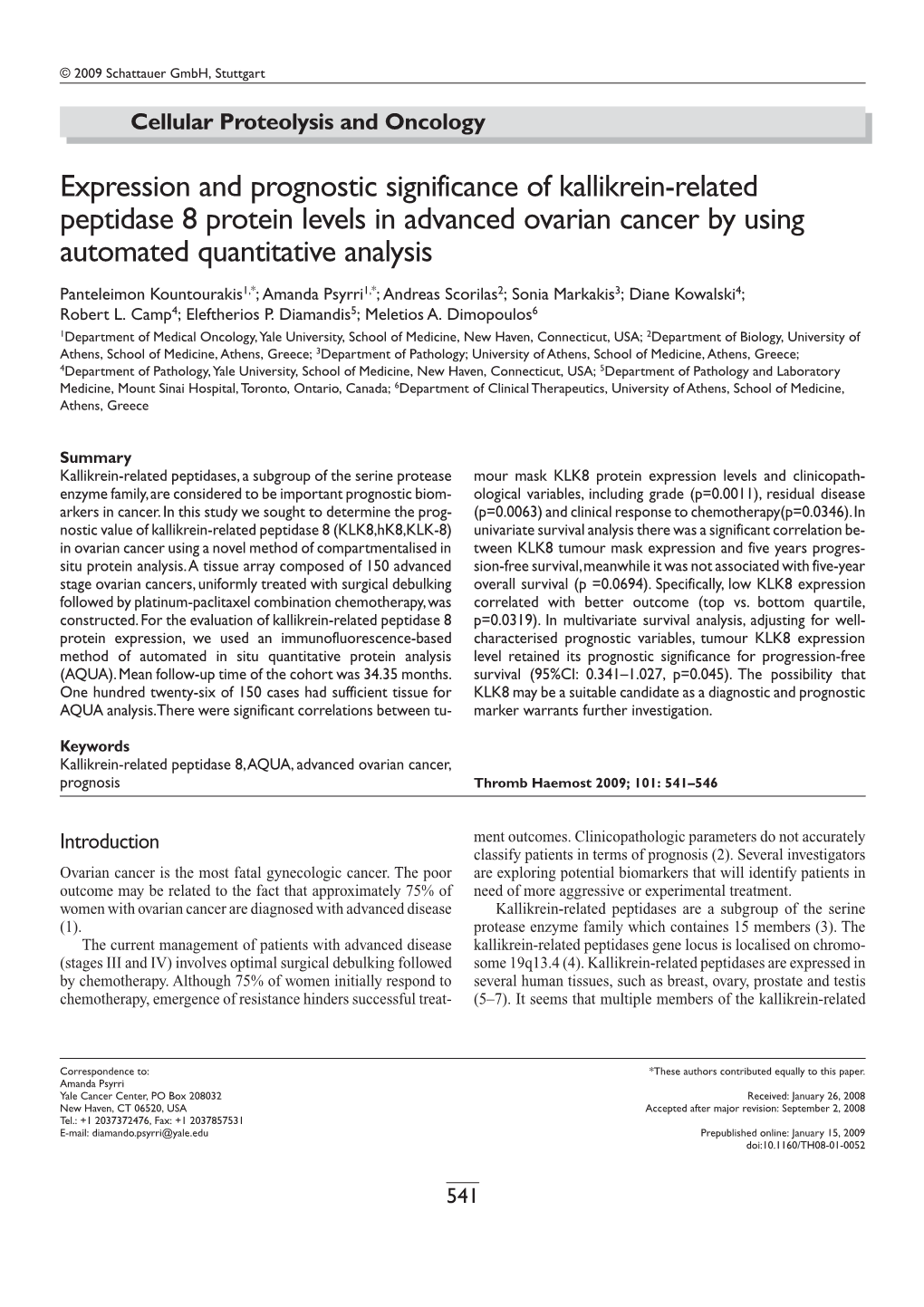 Expression and Prognostic Significance of Kallikrein-Related Peptidase 8 Protein Levels in Advanced Ovarian Cancer by Using Automated Quantitative Analysis