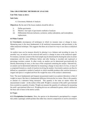 6.1 Gravimetry Methods of Analysis Objectives: by Th