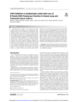 CHK1 Inhibition Is Synthetically Lethal with Loss of B-Family DNA Polymerase Function in Human Lung and Colorectal Cancer Cells a C Rebecca F