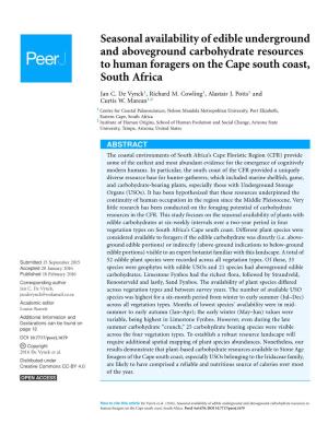 Seasonal Availability of Edible Underground and Aboveground Carbohydrate Resources to Human Foragers on the Cape South Coast, South Africa